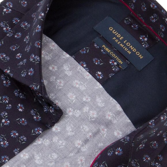 Guide London Navy Micro Floral Print Long Sleeve Button Up Shirt - Picture 2 of 2
